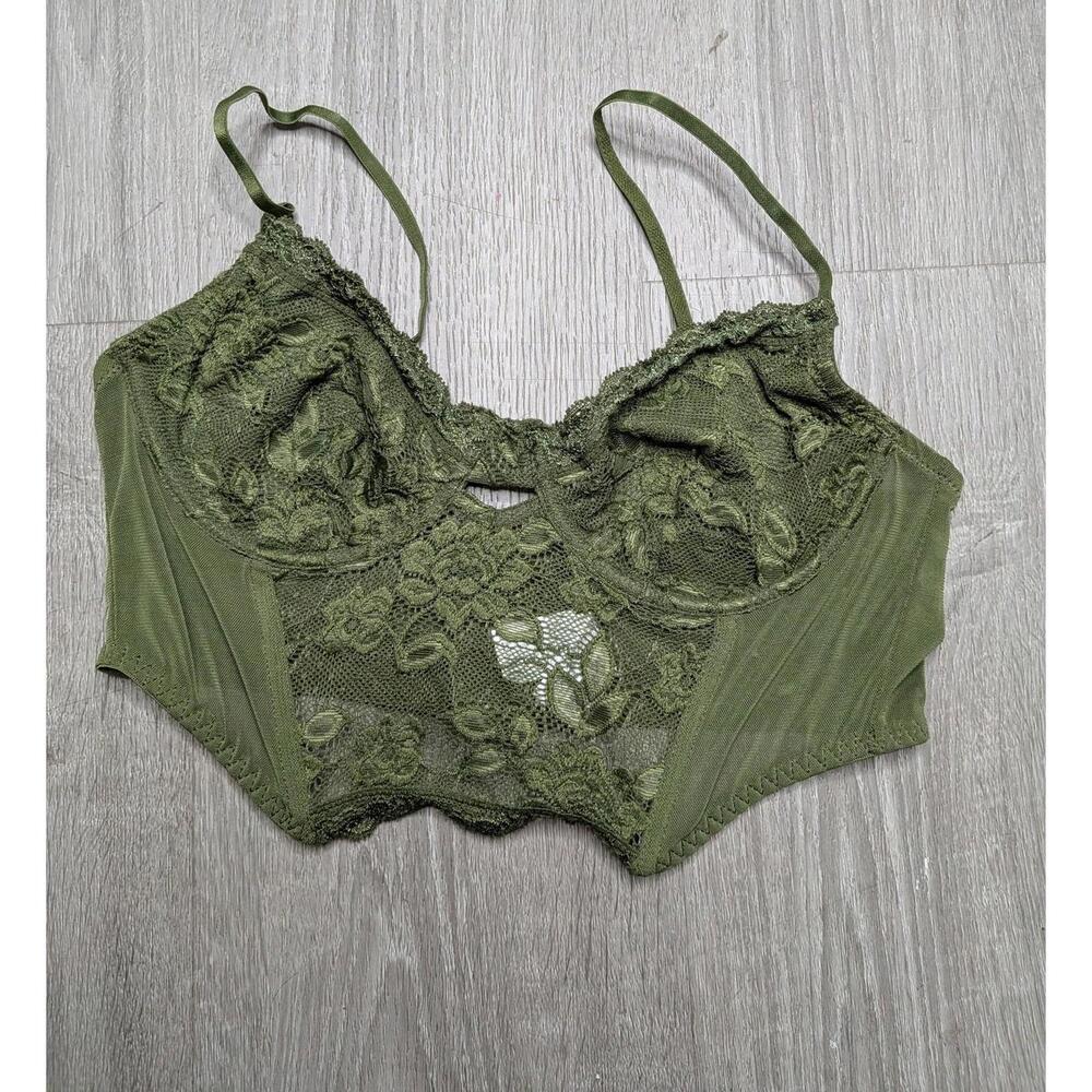 Forever 21 Bra Womens Large Green Lace Longline Bustier Underwire Sheer Floral